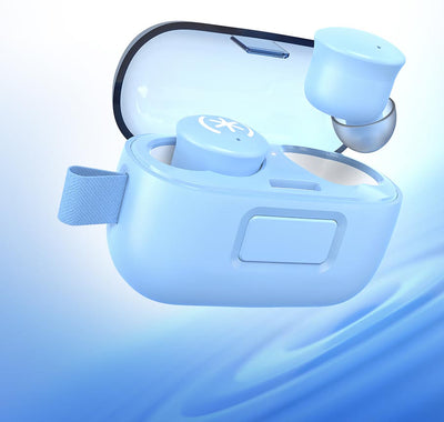 Blue Gemtones wireless earbuds float over a blue background with one earbud hovering out of the case.