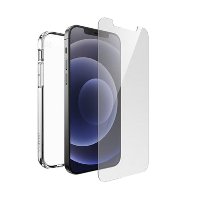 Three-quarter view of volume button side of phone with case behind phone and screen protector above device screen.