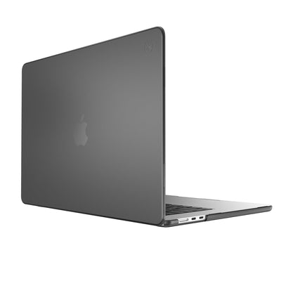 Three quarter view of the back of the MacBook with the laptop open.