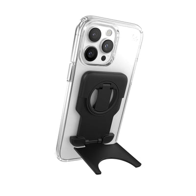 Three-quarter angled view of StandyGrip attached to a smartphone and holding it in portrait view stand formation.